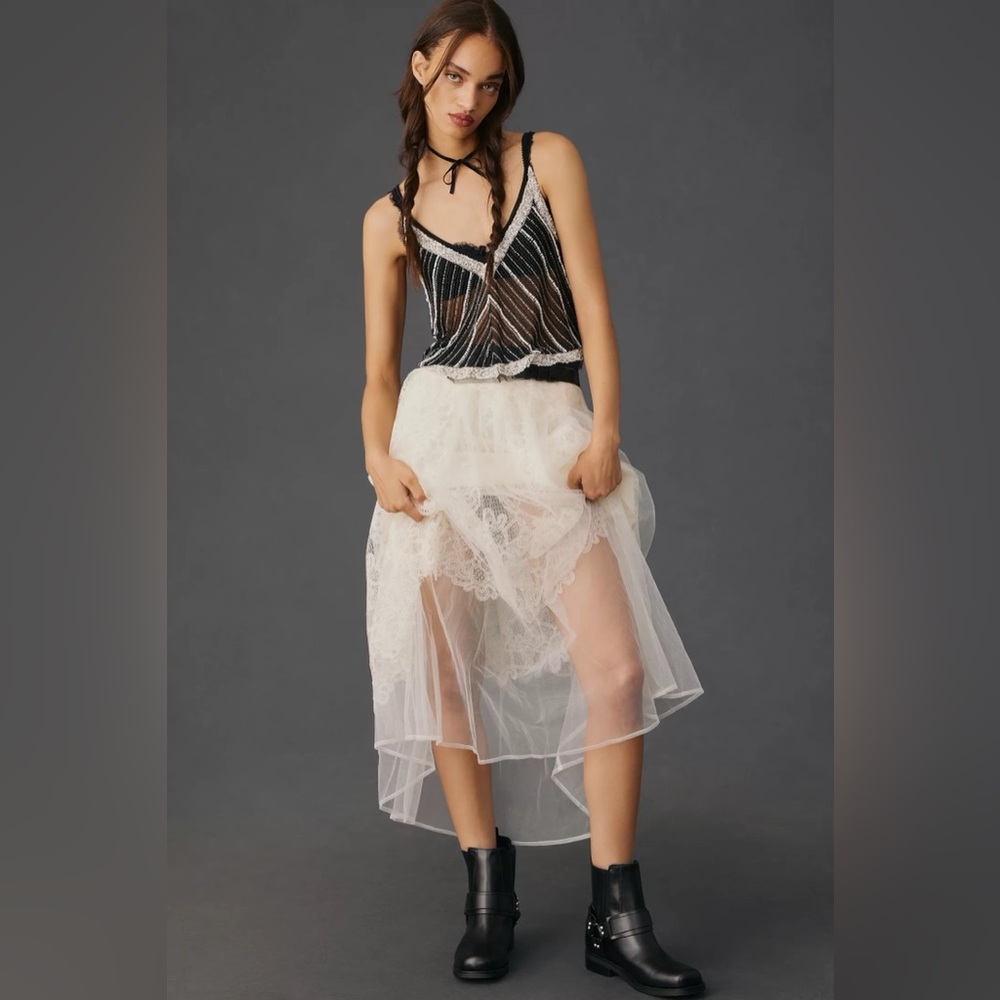 By Anthropologie Embellished Stripe Cami, Black Beads and Silver, Size M - Picture 2 of 14
